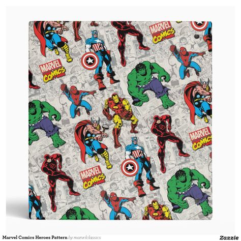 Retro Captain America, Iron Man, Thor, Hulk, Spider-Man, and Daredevil character art is arranged into a pattern, featuring the retro Marvel Comics logo and various comic book pages in the background. Daredevil Characters, Top Gifts For Kids, Hulk Spiderman, Comics Logo, Retro Comic Book, Marvel Merchandise, Comic Book Pages, Binder Design, Retro Comic