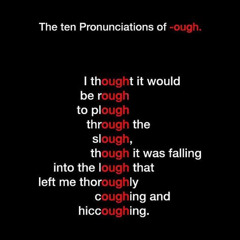 Can you pronounce all of these -ough words?   #english #pronunciation #ough Word Nerd, English Writing Skills, Grammar And Vocabulary, English As A Second Language, English Language Learning, English Writing, Language Teaching, English Vocabulary Words, E Card