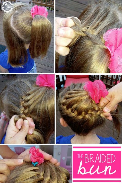 There is something about a braided bun that makes me giddy – it’s a princess style that lasts! Perfect for a dance recital, a party, or even just a pretend playdate. What to do to make your bun: First, pull the middle of your hair back into a ponytail, leaving a section of hair out … Hairstyle Ideas, Dance Recital Hair, Recital Hair, Dance Recital, Braided Bun, Circular Pattern, French Braid, Hair Wrap, Crochet Necklace