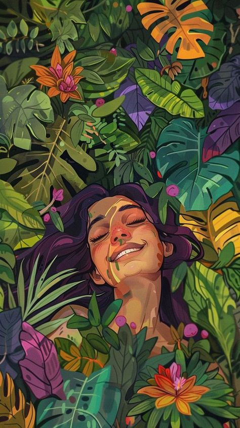 The woman again, this time in a lush, green forest. She is smiling, her one eye closed in contentment. The plants around her are vibrant and full of life --ar 9:16 Smiling Woman Painting, Wallpaper Women Aesthetic, Green Forest Illustration, Vibrant Character Design, Plant Painting Ideas On Canvas, Colour Full Drawing, Illustration Art Wallpaper Iphone, Tropical Painting Ideas, Easy Art Ideas Painting