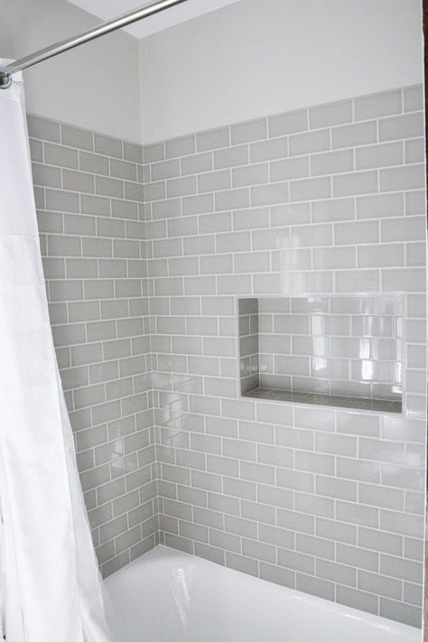 Subway Tiles, Bathtub Surround, Subway Tile Showers, Grey Subway Tiles, Subway Tiles Bathroom, Bathtub Tile, Bathtub Walls, Shower Niche, White Shower