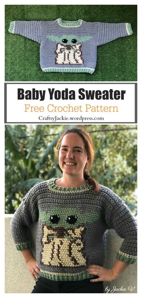 Baby Yoda Sweater Free Crochet Pattern Amigurumi Patterns, Fashionable Crochet, Sweater Free Crochet Pattern, Star Wars Crochet, Crochet Wearables, Pull Bebe, Crochet Sweater Pattern Free, Crochet Sweaters, Crochet Sleeve