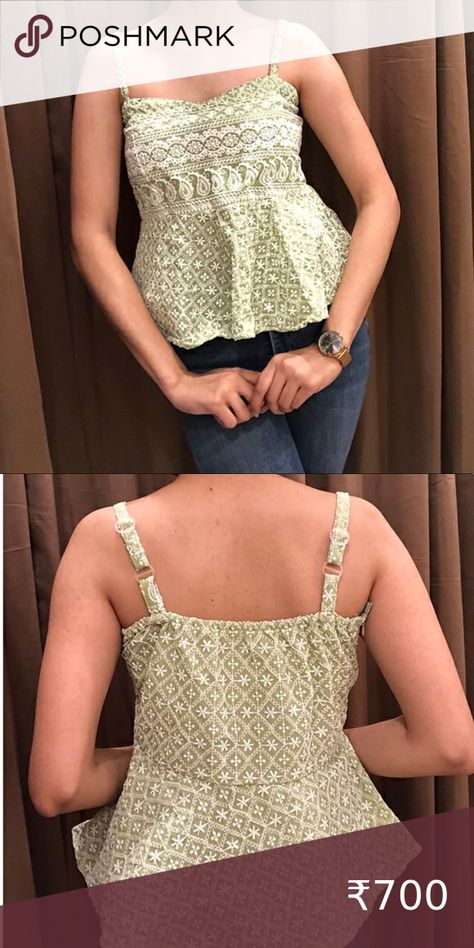 Green Chikankari Top (Padded) Chikankari Crop Top, Sleeveless Kurti Designs, Chikankari Tops, Chikankari Top, Sleeveless Kurti, Crop Top With Jeans, Girls Top, Top Design, Kurti Designs