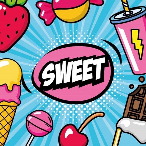 Pop Art Sweets Ragazza Pop Art, Pop Art Food, Pop Art Background, Pop Art Nails, Pop Art Drawing, Background Set, Pop Art Girl, Pop Art Illustration, Pop Art Comic