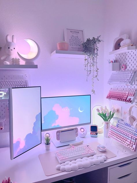 Cute Battlestation, Room Ideas Genshin, Nzxt Pc Build, Pastel Gaming Setup, Desk Ideas Minimalist, Modern Desk Ideas, Kawaii Desk Setup, Gaming Setup Accessories, Ergonomic Desk Setup