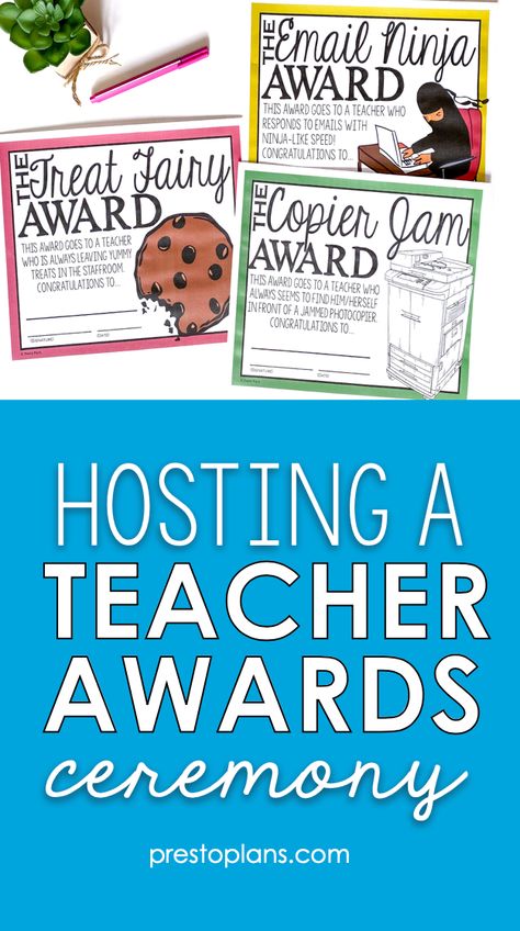 Employee Of The Year Ideas, End Of Year Staff Awards, End Of School Year Staff Party Ideas, Awards For Teachers Ideas, Teacher Job Fair Table Ideas, End Of The Year Awards For Teachers And Staff, Teacher Party Games, Teacher Competition Ideas, Fun Teacher Award Ideas