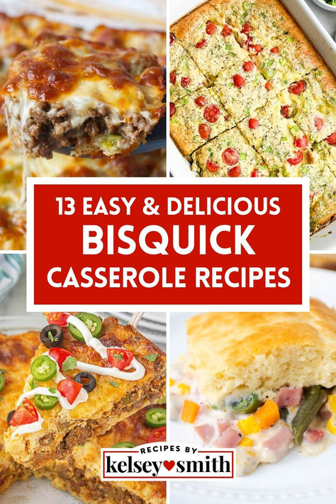 Four casseroles: philly cheesesteak casserole, chicken and tomato casserole, taco casserole, and ham and veggie casserole. Quiche Recipes With Bisquick, Bisquick Casserole Recipes, Bisquick Recipes Dinner Casseroles, Bisquick Dinner Recipes, Bisquick Casserole, Casseroles For A Crowd, Bisquick Recipes Dinner, Bisquick Inspired Recipes, Bisquick Recipes Breakfast