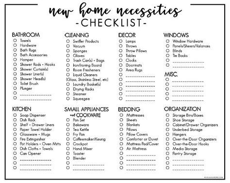 Moving into your first home or apartment? Buying a new home? This printable New Home Necessities Checklist is pretty handy. Print yours at livelaughrowe.com Organisation, Apartment Buying, New Home Necessities, Moving Into Your First Home, Home Necessities, First Home Essentials, New Apartment Checklist, First Home Checklist, New Home Essentials