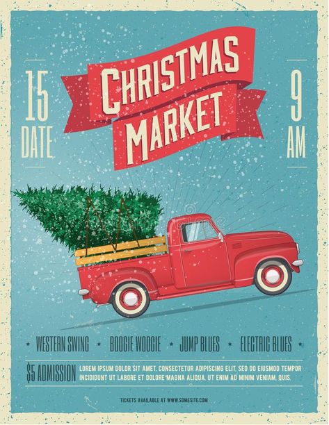 Christmas Poster Design, Truck With Christmas Tree, Red Pickup Truck, Christmas Graphic Design, Christmas Date, Market Poster, Christmas Flyer, Illustration Noel, Pet Halloween Costumes