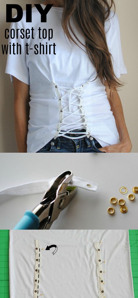 The lace up trend is a fun detail and easy update to do on an oversized/boxy t-shirt like I did into a corset top.  Try this simple... Couture, Corset Shirt Diy, Diy Lace Up Top, Corset Top Diy, Diy Lace Up Shirt, Diy Corset Top, Diy Lace Up, Umgestaltete Shirts, Shirt Transformation