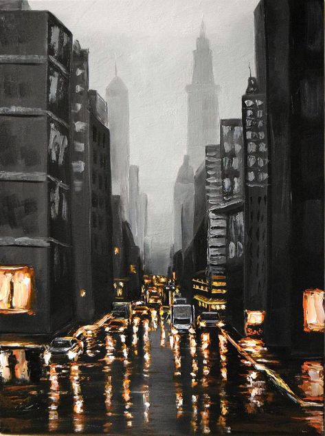 Oil Pastel Artists, Red Modern Art, Urban Art Painting, Night City Lights, Pastel Artists, Cities Painting, Cornelia Street, Photorealism Art, Rainy Street
