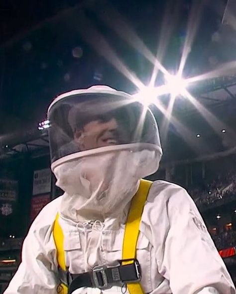 During a baseball game between the Arizona diamondbacks and the Los Angeles dodgers, a small swarm of bees interrupted the game causing it to get delayed. An emergency beekeeper was called in to handle the situation. After successfully removing the bees, they rewarded the beekeeper with the first pitch of the game. They also gave him his own press conference supposedly. Los Angeles, Angeles, Los Angeles Dodgers, Arizona Diamondbacks, Swarm Of Bees, The Beekeeper, Bee Swarm, Baseball Game, Baseball Games