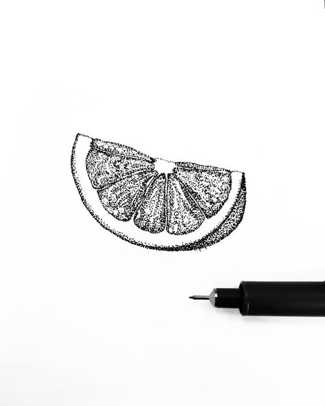 Foodie Doodle, Pointalism Art, Tattoo Pencil, Stippling Drawing, Citrus Slice, Fruit Drawing, Dotted Drawings, Form Art, Model Tattoo