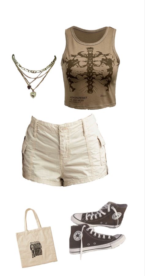 Cream Shorts Outfit Aesthetic, Tan Jean Shorts Outfit, Beige Cargo Shorts Outfits Women, Outfit Ideas With Cargo Shorts, Khaki Cargo Shorts Outfit Women, Y2k Outfit With Shorts, Summer Y2k Outfits Shorts, Beige Y2k Outfit, Cargo Shorts Outfits Women Aesthetic