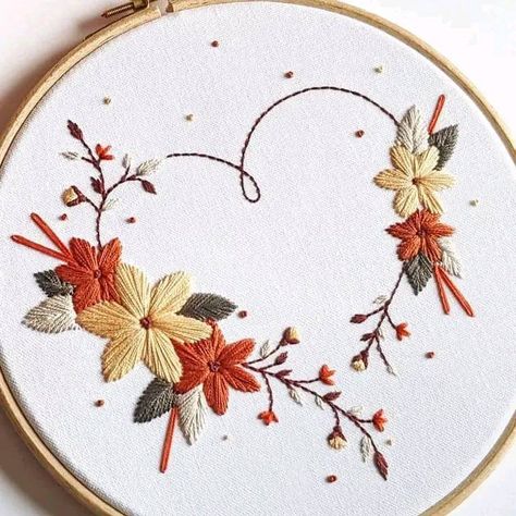 Embroidery Designs Fall, Autumn Embroidery Patterns Free, Fall Flowers Embroidery, Fall Flower Embroidery, Floral Heart Embroidery Pattern, Embroidery Heart Designs, Embroidery Chrysanthemum, Autumn Embroidery Patterns, Heart Embroidery Patterns