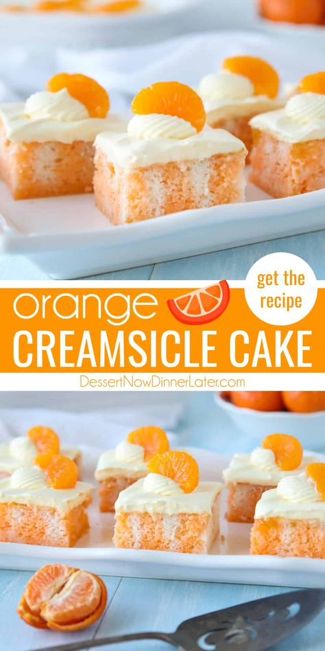 Orange Creamsicle Cake is an easy cake recipe with Jello and pudding. Light and citrusy, this doctored cake mix is way better than made straight from the box. This orange poke cake is the perfect flavor for summer! Essen, Creamsicle Poke Cake, Orange Dreamsicle Cake Recipe, Dreamsicle Cake Recipe, Orange Dreamsicle Cake, Dreamsicle Cake, Orange Creamsicle Cake, Orange Recipes Dessert, Fruit Kabob