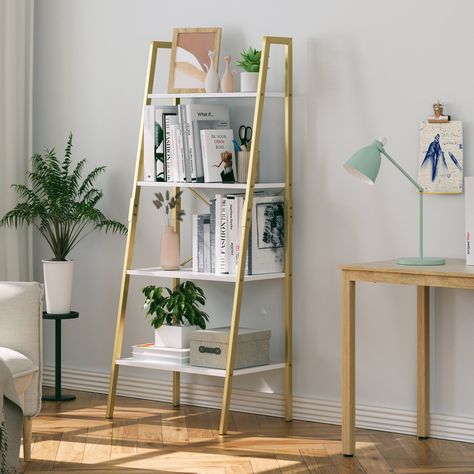 Arrives by Sat, Feb 4 Buy Homfa Ladder Bookshelf, 4-Teir Iron Leaning Bookcase for Home Office, White and Gold at Walmart.com Iron Ladder, Gold Bookshelf, Leaning Bookshelf, Standing Bookshelf, Leaning Bookcase, Home Office White, Free Standing Shelves, Vintage Bookshelf, White Bookshelves