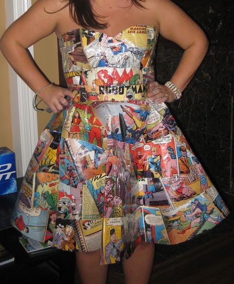 Comic Strip dress! Abc Costumes, Comic Book Dress, Paper Skirt, Anything But Clothes, Comic Dress, Comic Costume, Comic Book Girl, Recycled Dress, 50s Fashion Dresses