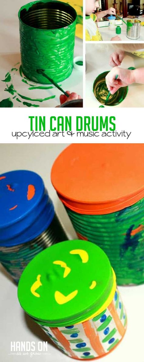 Create colorful upcycled tin can drums with an art activity that is perfect for toddlers and preschoolers! A homemade drum is fun to play and easy to craft with kids! via @handsonaswegrow Los Angeles, Angeles, Upcycling, Homemade Drum, Drum Lessons For Kids, Drum Craft, Craft Activities For Toddlers, Music Activity, Drums For Kids