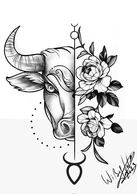 Taurus Tattoo Drawing, Taurus Tattoo Floral, Taurus Bull Drawing, Pretty Bull Tattoo, Women Taurus Tattoo, Taurus Tattoo Thigh, Bull Drawing Taurus, Female Taurus Tattoo, Taurus Tattoo For Women Pretty