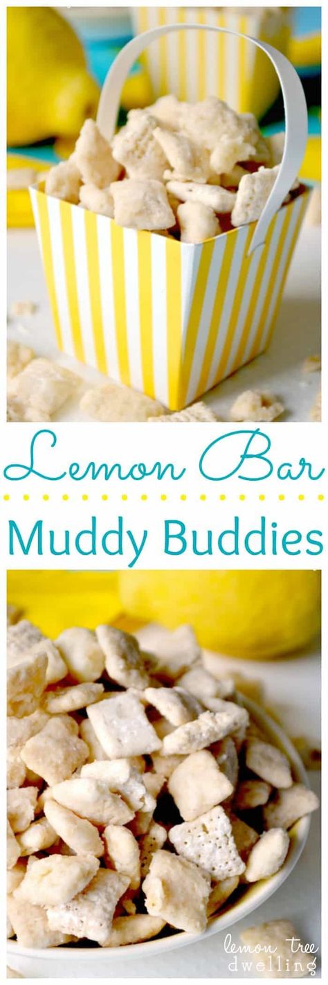 Lemon Buddies, Lemon Puppy Chow, Lemon Tree Dwelling, Chex Mix Puppy Chow, Chocolate Lemon, Rice Chex, Snack Mixes, Lemon Bar, Puppy Chow Recipes