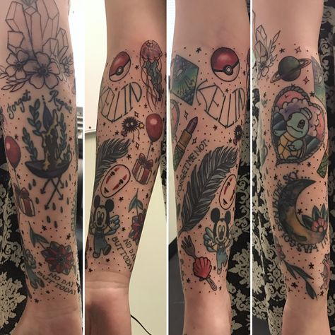 My quirky traditional half sleeve #pokemon #animalcrossing #harvestmoon #spiritedaway #outerspace Nerd Sleeve Tattoo, Nerdy Traditional Tattoo, Nerd Tattoo Sleeve, Traditional Half Sleeve, Rocket Ship Tattoo, Viking Ship Tattoo, Spaceship Tattoo, Tattoo On Chest, Tattoos Cool