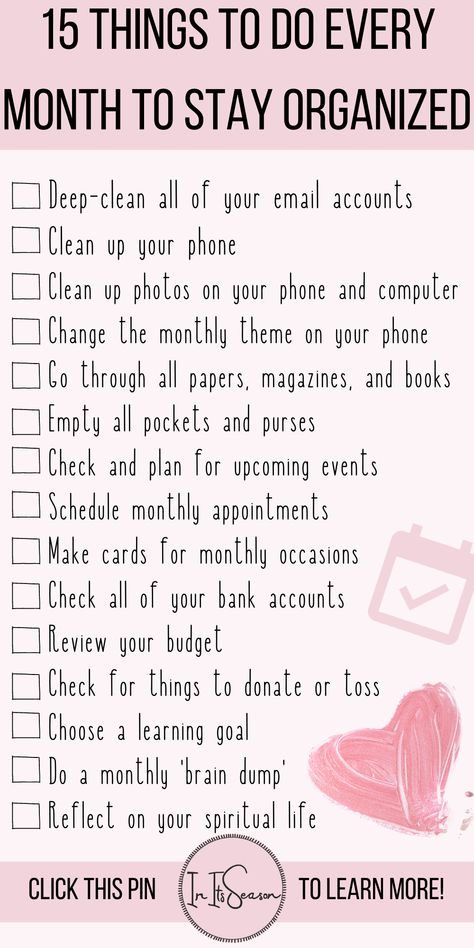 Checklist To Get Your Life Together, Once A Month Self Care, Self Organization Ideas, Sort My Life Out, How To Organize Your Life Planners, How To Be Organised, Things To Do Once A Month, How To Organize Life, How To Have Fun As An Adult