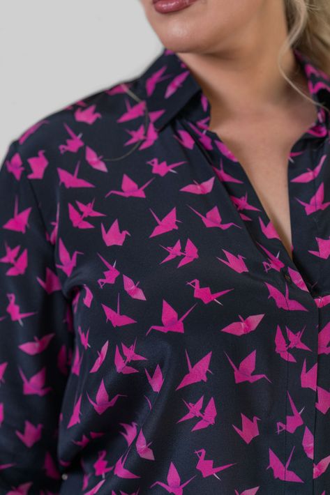 This best selling Daria Blouse comes in gorgeous prints. This one is the Pink Crane print with bright pink cranes on a black silk background. The straight collar, exaggerated french cuffs, and covered buttons add just enough styling, while the relaxed fit will make this blouse your everyday staple. This is a slimmer straighter cut, we recommend sizing up. Black Silk Background, Silk Background, Crane Print, French Cuff, Pink Blouse, Black Silk, Straight Cut, Covered Buttons, Silk Blouse