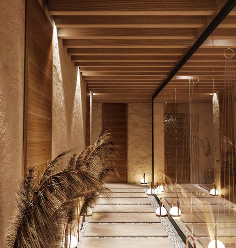 Spa in the hotel on Behance Spa Wood Design, Wellness Spa Interior Design Luxe, Cool Hotel Rooms Interiors, Modern Spa Design Interiors, Spa Corridor Design, Spa Ambiance Ideas, Organic Spa Design, Spa Mood Board Interior Design, Sauna Spa Design