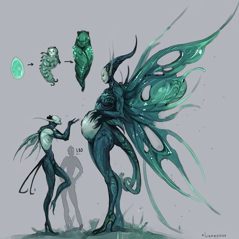 Bird Alien Character Design, Dark Fairy Concept Art, Queen Of Monsters, Original Creature Design, Evil Fairy Character Design, Insectoid Alien Character Design, Alien Body Concept Art, Fae Queen Art, Fairy Queen Fantasy Art