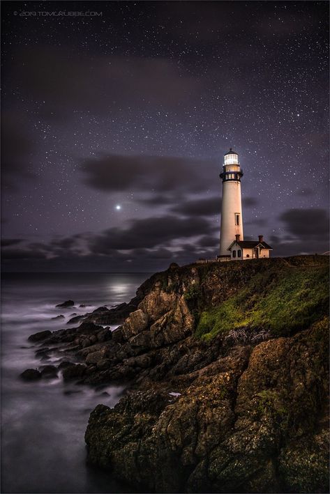 Pigeon Pt. Nightscape by TomGrubbe Nature, Lighthouse Landscape, Halloween Live Wallpaper, From Here To Eternity, Nice Night, Nature Photography Flowers, Lighthouse Photos, Black Paper Drawing, Lighthouse Pictures