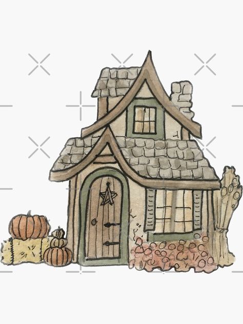 "Autumn Cottage Illustration in Watercolor" Sticker by WitchofWhimsy | Redbubble Cute Cottage Drawing Simple, Cottage House Drawing Easy, Cottage Illustration Simple, Small Cottage Drawing, How To Draw A Cottage Step By Step, Cottage Core Art Drawings, Witch Cottage Drawing, Fairytale Cottage Drawing, Small House Illustration