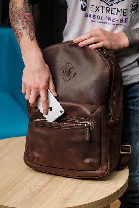 Leather Backpack (Dark Brown) Backpack Minimalist, Leather Backpack Men, Leather Bag Tutorial, Brown Backpack, Soft Leather Backpack, Leather Backpack For Men, City Backpack, Leather Bag Pattern, Brown Backpacks