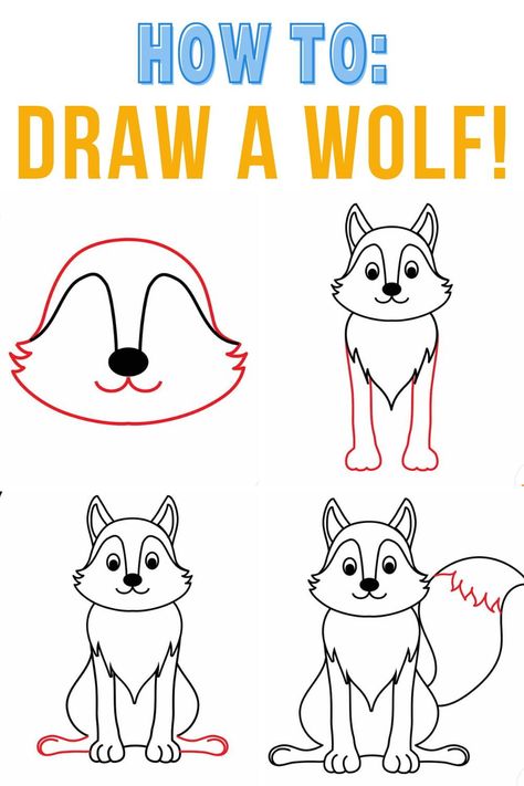 This wolf drawing easy peasy step by step tutorial will walk you through how to draw a wolf and even includes a free printable pdf that is perfect for beginners. How To Draw A Wolf Step By Step Easy, How To Draw Woodland Animals, Step By Step Wolf Drawing, How To Draw A Wolf Easy, How To Draw A Wolf Step By Step, Wolf Cute Drawing, Wolf Cartoon Drawings, Simple Wolf Drawing, How To Draw A Wolf