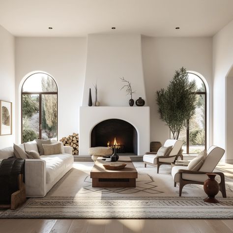 Living Room With Ivory Sofa, White Spanish Style Home Interiors, Modern Arched Fireplace, Living Room Spanish Modern, Arched Living Room Windows, Fireplace With Arched Windows On Each Side, Santa Barbara Style Living Room, Arched Interior Design, Modern Spanish Style Fireplace