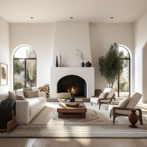 Living Room With Ivory Sofa, White Spanish Style Home Interiors, Modern Arched Fireplace, Santa Barbara Style Living Room, Fireplace Inspo Living Room, Living Room Spanish Modern, Arched Living Room Windows, Fireplace With Arched Windows On Each Side, Modern Spanish Fireplace Ideas