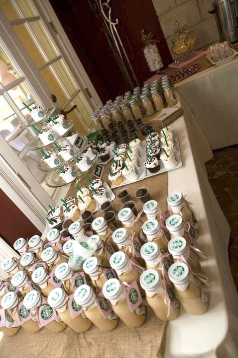 Starbucks Themed Bridal Shower Ideas, Starbucks Bridal Shower Theme, Coffee Shop Themed Party, Iced Coffee Bar Baby Shower Ideas, Coffee Gender Reveal Ideas, Coffee Themed Gender Reveal, Coffee Theme Gender Reveal, Coffee Shop Party Theme, Coffee Themed Party Decorations