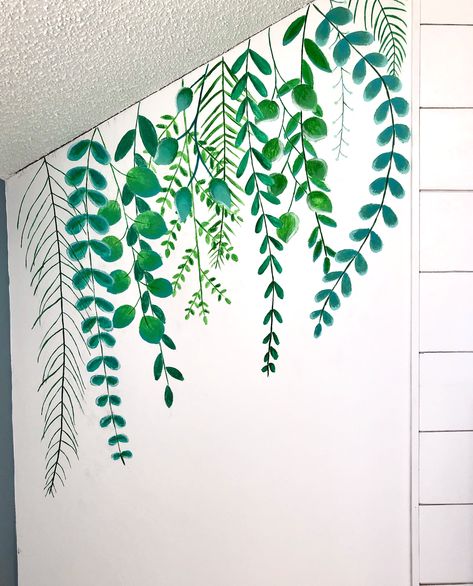 Mural Art Botanical, Draw In Wall Bedroom, Leave Wall Painting, Plant Painted Wall, Ceiling Murals Painted, Slanted Ceiling Mural, Wall Plant Painting, Mural Wall Art Interiors Diy, Painting Vines On Wall