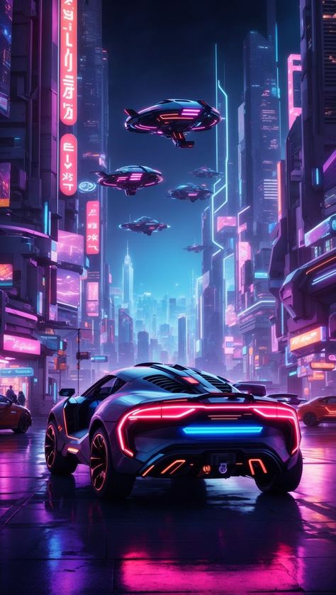 A breathtaking futuristic cityscape at night, with bright neon lights and flying cars. Perfect for a bachelor pad or game room. Neon Cyberpunk Aesthetic, Futuristic Cityscape, Neon Cyberpunk, Flying Cars, New Retro Wave, Cyberpunk Aesthetic, Flying Car, Cyberpunk City, City Painting