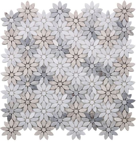 Elysium Daisy Wild Sky Polished Marble Mosaic | Lowest Price — Stone & Tile Shoppe, Inc. Mosaic Tile Shower Wall, Mosaic Shower Tile, Flower Tile, Wall Exterior, Mosaic Flowers, Marble Mosaic Tiles, Blue Daisy, Interior Floor, Marble Mosaic