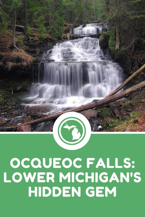 Visit Lower Michigan's Ocqueoc Falls for an unbelievably beautiful waterfall that's close to home. Hiking In Michigan Lower Peninsula, Best Hikes In Lower Michigan, Ocqueoc Falls Michigan, Lower Michigan Day Trips, Lower Peninsula Michigan Travel, Cheboygan Michigan Things To Do, Michigan Hikes, Cheboygan Michigan, Michigan Hiking