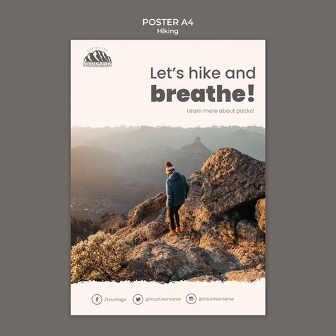 Hiking poster template | Free Psd #Freepik #freepsd Hiking Flyer Design, Hiking Poster, Rustic Poster, Poster Template Free, Adobe Design, Free Psd Files, Plakat Design, Annual Report, Poster Template