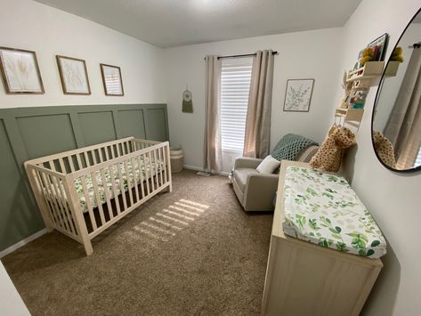 Half Green Wall Nursery, Soft Green Nursery Gender Neutral, Green Panel Nursery, Green Panelling Nursery, Sage Green Board And Batten Wall Nursery, Green Wainscoting Nursery, Green Board And Batten Wall Nursery, Tan And Green Nursery, Green And Neutral Nursery