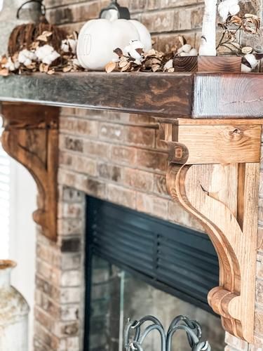 Wood Corbels Diy, Fireplace Mantle Shelf, Wood Mantle Fireplace, Oak Mantle, Rustic Mantle, Wooden Mantle, Wooden Corbels, Wood Mantle, Mantle Shelf
