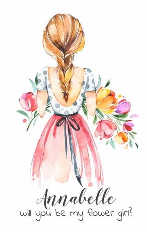 Springtime Flower Girl Illustration Postcard Spring by JunkyDotCom - Cute pastel hand drawn watercolor girl with colorful flowers. Lovely for a bridesmaid or flower girl Watercolour Postcard Ideas, Flower Girl Drawing, Lukisan Comel, Illustration Invitation, Illustration Postcard, 심플한 그림, Watercolor Cute, Watercolor Girl, Siluete Umane