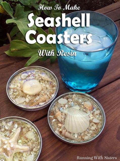 Seashell Coasters Made With Resin - Running With Sisters Seashell Coasters, Decor Marin, Art Coquillage, Seashell Projects, Wine Bottle Diy Crafts, Diy Bricolage, Wine Bottle Diy, Jar Diy, Seashell Art