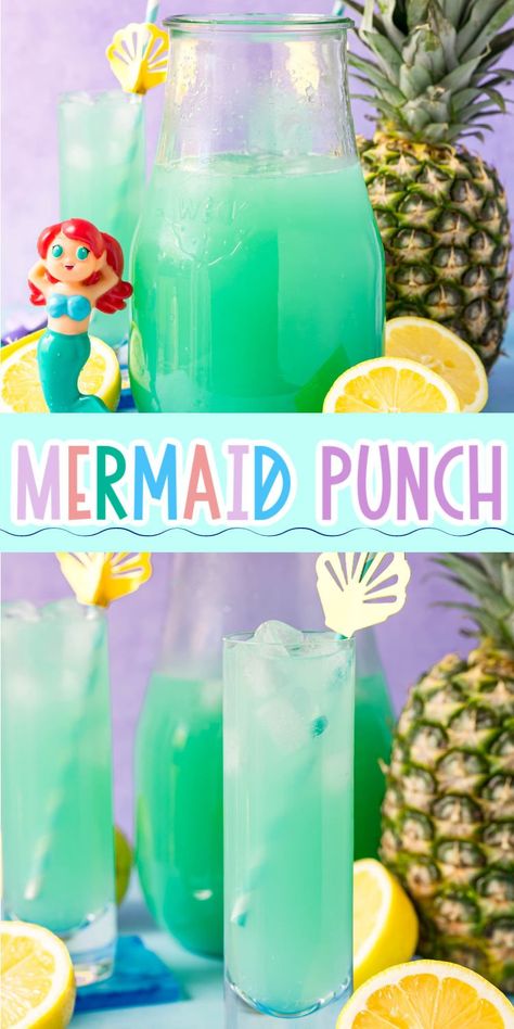 This fun mermaid punch is a blue non alcoholic drink that's perfect for an under the sea party! Mermaid Birthday Drink, Mermaid Non Alcoholic Drinks, Under The Sea Punch Recipe, Mermaid Foods For Party, Peach Non Alcoholic Drinks, Luau Punch Non Alcoholic, Mermaid Drinks Alcohol, Kid Summer Drinks, Drink Ideas Nonalcoholic For Party