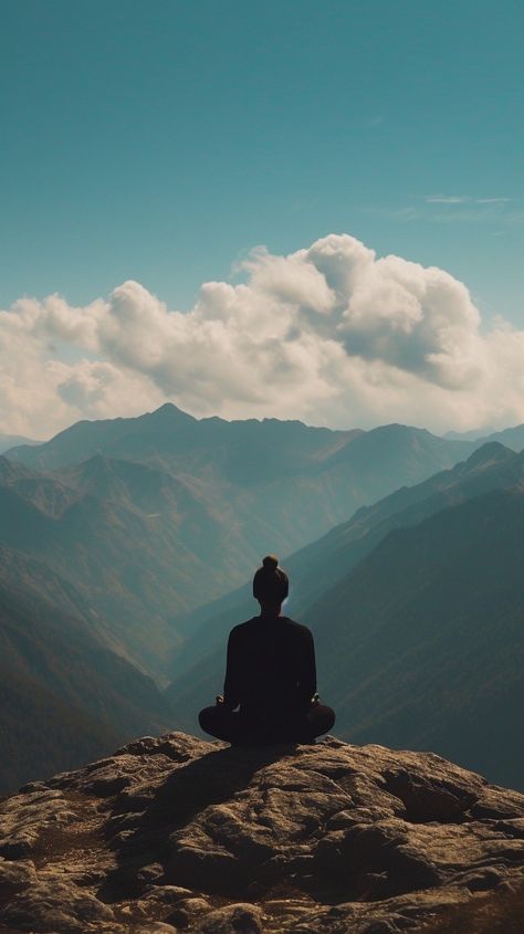 Mountain Meditation Peace: A solitary figure meditates atop a cliff, finding tranquility against a backdrop of majestic mountains. #meditation #serenity #mountains #peace #nature #solitude #tranquility #introspection #aiart #aiphoto #stockcake https://ayr.app/l/Wr5G Yoga On A Mountain, Meditate In Nature, Nature, Peaceful Images Serenity, Meditating Aesthetic, Mountain Meditation, Peaceful Photos, Peaceful Mountains, Sunset Meditation