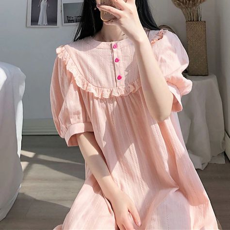 Women's Pajamas Nightgown Nighty Pure Color Comfort Sweet Home Daily Bamboo Crew Neck Short Sleeve Spring Summer White Pink 2024 - €34.99 Night Dress Online, Girls Night Dress, Cotton Night Dress, Pajama Fashion, Sleepwear Fashion, Women's Pajamas, Pajama Dress, Kawaii Fashion Outfits, Frocks For Girls