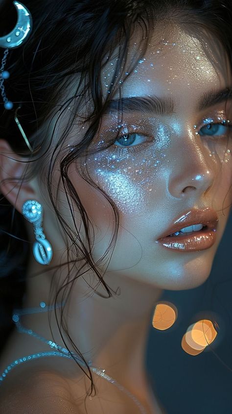 Bodypainting, Fancy Blue Makeup, White Mermaid Makeup, Mermaid Scale Makeup, Sea Goddess Makeup, Water Themed Makeup, Galaxy Make Up, Mermaid Makeup Aesthetic, Ocean Makeup Looks